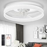 DLLT Modern Ceiling Fans with Lights: 20" Flush Mount Low Profile Ceiling Fan with APP Remote Control - White LED Bladeless Fandelier Dimmable Quiet DC Motor for Bedroom Living Room