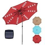 OLIXIS 10FT Solar Patio Umbrella with 32 LED Lights, Tilt and Crank Button & 8 Sturdy Ribs Waterproof, Patio Table Umbrella Perfect for Poolside, Terrace, Beach and Outdoor Restaurant, Red