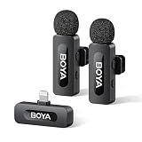 BOYA BY-V2 Wireless Microphones for iPhone iPad with MFi Certified Lightning Port, 328ft Range, 9H Battery Life, Noise Reduction Mini Mic Clip on Lapel Microphone Wireless for Video Recroding
