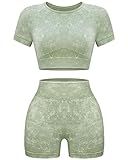 OLCHEE Womens Workout Sets 2 Piece - Seamless Acid Wash Yoga Outfits Leggings Shorts and Crop Top Matching Gym Activewear Athletic Clothing Set - Green Medium