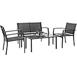 Devoko Outdoor Furniture Set 4 Piece Patio Conversation Sets Porch Furniture with Lawn Chairs & Glass Coffee Table for Garden Poolside (Black)