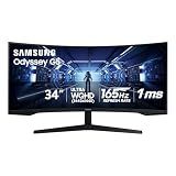 Samsung 34' Odyssey G5 Ultra-Wide Gaming Monitor with 1000R Curved Screen, 165Hz, 1ms, FreeSync Premium, Large Display, Eye Comfort, Multiple Ports, WQHD, LC34G55TWWNXZA, Black