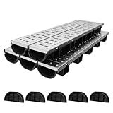 FAHKNS 5 Pack Trench Drain System, HDPE Channel Drainage with 304 Stainless Steel Metal Grate, Durable Garage Flooring Drain for Driveway, Garden, Patio, Pool Deck, Easy to Install