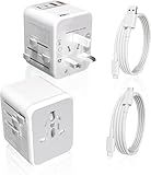 2Pack Universal Travel Adapter, International Travel Plug Adapter with 2 USB-C(PD 20W) & 2 USB-A Ports 3FT Type C Cable Cord,All in One Portable Adaptor for USA, UK, EU, AU & 224+ Countries (White) US