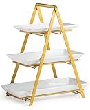 YHOSSEUN 3 Tier Serving Tray, Porcelain Tiered Tray Stand, 10+12+14 Inch Serving Platters and Trays with Collapsible Sturdier Rack, 3 Tiered Serving Stand Dessert Stands Treat Table Display Set, Gold