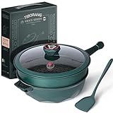 TIBORANG 8 in 1 Multipurpose 11 Inch 5 Quart Heat Indicator Nonstick Deep Frying Pan with Glass Lid,Stay-cool Handle,Steamed Grid,PFOA-Free,Dishwasher&Oven Safe,Works with All Stovetops(Green)