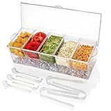 IVYHOME Ice Chilled 5 Compartment Condiment Server Caddy | Fruit Serving Tray | Condiment Pots with 5 Removable Dishes Over 2 Cup Capacity Each and Hinged Lid