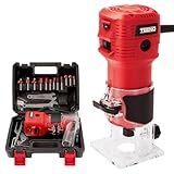 TEENO Wood Router, 650W Compact Router Tool for Woodworking, Hand Wood Trimmer with 12Pcs 1/4" Bits Set, 6 Speeds, Edge & Roller Guide, Portable Tool Box, Dust Hood