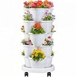 VECELO 5 Tier Vertical Garden Planter, Self Watering Stackable Planters with Wheels for Strawberries, Herbs, Flowers, Vegetables, White