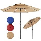 SMUG 10FT 3-Tier Solar Patio Umbrella with 32 LED Lights, Outdoor Umbrellas with Push Button Tilt and Crank, Tilting Table Umbrella with 8 Sturdy Ribs for Market, Beach, Pool, Garden, Deck, Backyard, Terrace, Restaurant, UV Protection, Khaki