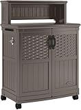 Suncast Patio Plastic Storage and Prep Station with Decorative Wicker Pattern and Multi Wall Panels for Patio, Garden, and Lawn Use, Stoney Gray
