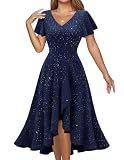 DRESSTELLS Women's Wedding Guest Cocktail Sequin Dresses, Formal Sparkly Bridesmaid Prom Party Evening Gowns Ruffle Fit Flare Summer Graduation Midi Dress2026 Navy M