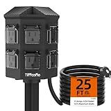 TiFFCOFiO Outdoor Power Strip Weatherproof, 25 FT Extension Cord with Stake, 6 Grounded Outlets for Christmas Yard Decorations and Inflatables, 15A/1875W, ETL Listed