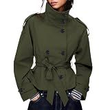 Maohao Women's Cropped Trench Coat Double Breasted Short Jacket High Collar Fall Winter Coats Trendy Outfit with Belt(Dark-Green,S)