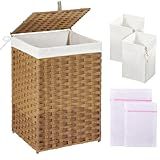 GREENSTELL Laundry Hamper with Lid, 60L Clothes Hamper with 2 Removable Liner Bags & 2 Mesh Laundry Bags, Handwoven Synthetic Rattan Laundry Basket for Clothes, Toys in Bathroom, Bedroom Natural