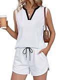LouKeith 2 Piece Short Sets Women 2026 Summer V Neck Sleeveless Activewear Sets Lounge Vacation Airport Travel Outfits White M