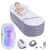 SereneLife Inflatable Bathtub with Bubble Massage Mat, Comes with a Matching Inflatable Pillow, Cup Holder & Remote Control for LED Lighting and Bubble Mat, Featured with Backrest and Armrests Support