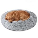 JOLLYVOGUE Calming Dog Bed Medium Size Dog, 31in Donut Washable Medium Pet Bed, Anti-Slip & Anti-Anxiety Fluffy Faux Fur Round Dogs Bed, Fits up to 45 lbs Pets (Smoke Grey)
