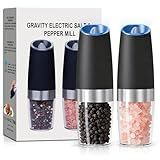 UNNEES Gravity Electric Salt and Pepper Grinder set of 2, Automatic Salt And Pepper Grinder Set, Adjustable Roughness, Battery Powered, LED Light, 2 Pack, (Black)