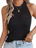 ChiaoLezhee Women's Summer Knit Tank Tops, Racerback High Neck Lightweight Sweater Vest, Dressy Casual Outfits, Ladies Halter Sleeveless Beach Crochet Eyelet Blouse Trendy Cute,Black,Medium