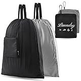 2 Pcs JHX Travel Laundry Bags, Dirty Clothes Organizer【Upgraded】with Handles and Aluminum Carabiner for Travel, Camp, Fitness, and Students (Black&Grey) 24"L x 21"W