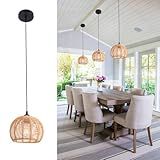 Popity home Small Rattan Boho Pendant Light, Adjustable Farmhouse Chandelier Light Fixture with Wicker Lampshade, Woven Hanging Pendant Light for Kitchen Island, Bedroom, Living Room