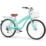 WEIZE Beach Cruiser Bike, 26 inch Commuter Bicycle for Adult Men and Women, 7-Speed/High-Carbon Steel/Front & Rear Fenders, Comfortable City Bikes with Rear Rack&Basket,Green