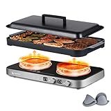 AMZCHEF Double Induction Cooktop with Removable Griddle Pan Non-stick, 1800W 2 burner Portable Induction Stove With Sensor Touch 9 Power Levels, 99 Min Timer, Iron Grey