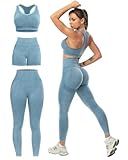 SALSPOR 3 Piece Workout Sets for Women Butt Lifting Leggings with High Impact Sports Bra Gym Shorts Activewear Matching Set(3DWX-Washed Blue-2XL)