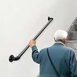 4FT Industrial Pipe Stair Railings Indoor, Hand Rails for Indoor Stairs, Wall Mounted Stair Handrail for Outdoor Steps, Heavy Duty Support Black Stair Railing for Loft Porch Deck(1 Section)