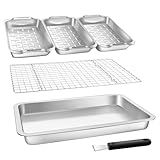 VIKEYHOME Grill Carry System, 6-Piece Stainless Steel Large Food Prep Tray, 16.5" x 11" Pan, Outdoor Grill with Cooling Rack for Vegetables, Fish, Meat, Great Grilling Gifts for Men