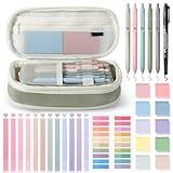 KOUDGY 49Pcs Book Annotation Kit - Aesthetic School Supplies with Cute Pen Case Highlighters Gel Pens and Marker, Sheets Transparent Index Tabs Sticky Notes Bible Study Supplies(Green)