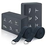 RETON Yoga Blocks Set with Straps, High Density Yoga Bricks, Lightweight EVA Foam Pilates Block, 2 Yoga Blocks with 2 Straps for Yoga, Pilates, Fitness, Stretching and Toning (Gray)