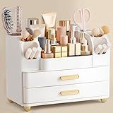 HBlife Makeup Organizer for Vanity with Brush Holder, Large Bathroom Countertop Cosmetic Organizer Skin Care Storage, Easy to Store Lipsticks, Nail Polishes, Perfumes, Eyeshadow Palettes, All White