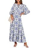 ANRABESS Womens Boho Floral 3/4 Puff Sleeve Maxi Dress Blue Khaki L