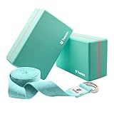 Tumaz Yoga Blocks 2 Pack with Strap Set, High Density/Lightweight EVA Foam and Non-Slip Natural Cork Blocks & Premium 8F Yoga Strap Set - E-Book Included (light green, 2PS)