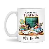 Customized Teacher Appreciation White Mug 11oz 15oz, Personalized Name Ceramic Cup, Custom Classroom Desk With Globe And Supplies Mug, Teacher's Day Coffee Cup, Gift For Coworkers