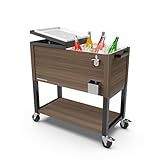 Permasteel 80-Quart Rolling Patio Cooler with Wood Grain Finish – Outdoor Beverage Cooler with Wheels & Insulated Ice Chest for Backyard, Deck, and Poolside Parties – Brown