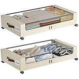GoFujuco Under Bed Storage with Wheels,XXL 60L Under Bed Storage Containers with Clear Lids, Rolling Under Bed Metal Drawer for Clothes, Shoes,Toys (White, 2 Pack)