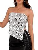 Sequin Top for Women Sparkle Sleeveles Split Crop Tube Top Glitter Mermaid Disco Cocktail Party Club Night,Silver,S