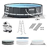 Intex Ultra XTR Frame 14' x 42" Round Above Ground Outdoor Swimming Pool Set with Sand Filter Pump, Ladder, Ground Cloth, and Pool Cover