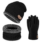 Warm Winter Beanie Hat & Scarf Gloves Set Stylish Knit Skull Cap for Men Women (One Size, 05 Black)