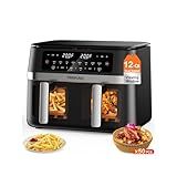 HoninJoy 12QT Large Dual Basket Air Fryer with Viewing Window and 50pcs Paper Liners, 10-in-1 Digital Touchscreen Double Zone Air Fryers, SyncCook to Bake,Roast,Reheat,Broil, Nonstick Dishwasher Safe