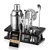 KITESSENSU Cocktail Shaker Set Bartender Kit, 6-Piece Silver Bar Set with Stand, Bar kit with Essential Bar Accessory Tools: Martini Shaker, Jigger, Strainer, Bar Spoon, Tongs, Opener
