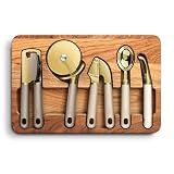 COOK WITH COLOR 6-Piece Kitchen Tool Set with Acacia Wood Cutting Board, Can Opener, Pizza Cutter & Prep Essentials, Brown Ombre