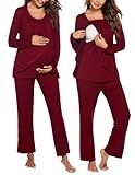 Ekouaer Maternity Nursing Pajama Set Long Sleeve Top & Pants with Pockets Breastfeeding Sleepwear Double Layer Pregnancy Wine Red M