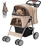 Azaeahom Pet Stroller, 4 Wheels Pet Strolling Cart for Medium/Small Dogs and Cats, Foldable Cat Jogger/Dog Stroller with Cup Holder, Storage Basket, Breathable Mesh, All-Season Pet Carrier, Khaki