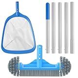TidyMister 3PCS Cleaning Kit - 12.5'' Brush With Round End & 11'' Skimmer Net Fine Mesh & 5.7 Feet Thick Aluminum Pole 5-Segment, for Above Ground & Inground Pools Ponds