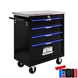 nifoti 4-Drawer Rolling Tool Chest with Stainless Steel Countertop,Tool Chest with Secure Locking System,Mobile Storage Tool Cabinet with 360°Wheels and Padded Feet,for Home, Garage (Black+Blue)