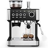 (2025 Upgrade)20 Bar Espresso Machine with Built-in Anti-Clog Coffee Grinder, Expresso Coffee Machines with Milk Steam Wand/Frother/Tamping Tools,Espresso Maker with Grinder for Lattes-Charcoal